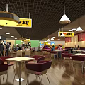 Busy Restaurant Interior With Tables Chairs Hanging Lamps And Yellow Signs