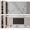 Modern Living Room Marble Accent Wall With TV White Cabinets And Strip Lighting