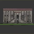 Cartoon Scene Of Ancient Stone Building With Red Roof Arched Doors And Green Base