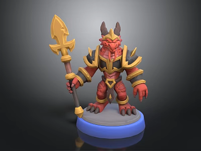 Red Horned Game And Movie Character With Golden Black Armor Holding Spear On Blue Base 3d model