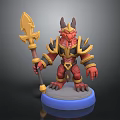 Red Horned Game And Movie Character With Golden Black Armor Holding Spear On Blue Base