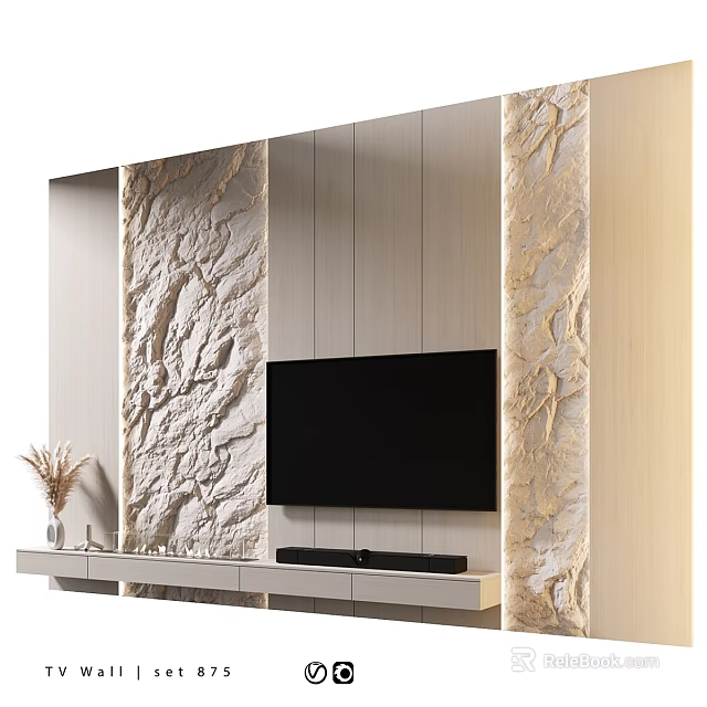 Modern TV Wall Design With Textured Stone Panels And Floating Media Console 3d model 