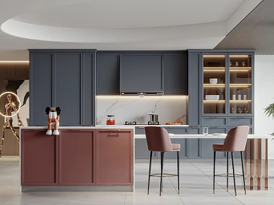 Modern Kitchen With Dark Cabinets Pink Island And Rose Gold Bar Stools 3d model