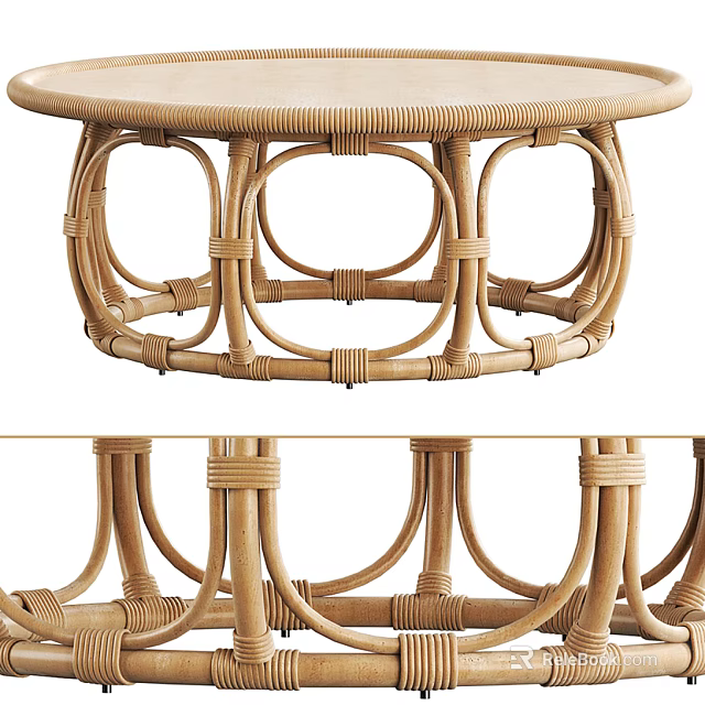 Round Rattan Coffee Table with Woven Base and Curved Frame for Natural Living Room Decor 3d model 