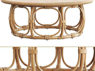 Round Rattan Coffee Table with Woven Base and Curved Frame for Natural Living Room Decor 3d model