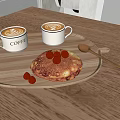Fresh Coffee In White Cups On Wooden Tray With Pancakes And Raspberries