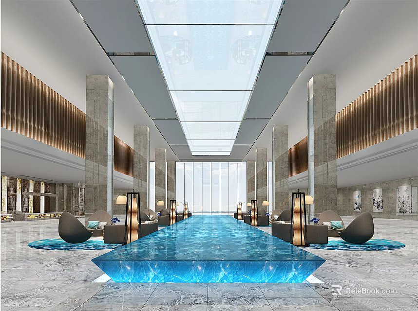 Spacious Modern Hotel Public Lounge Area With Central Blue Pool Comfortable Seating And Glass Skylight 3d model 