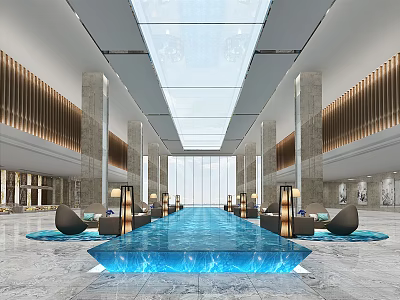 Spacious Modern Hotel Public Lounge Area With Central Blue Pool Comfortable Seating And Glass Skylight 3d model