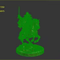 Bronze statue of man riding horse holding sword wearing hat and cloak on wooden base