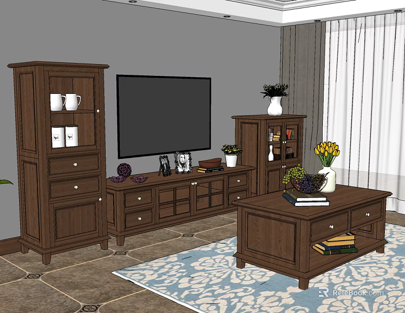 Classic Wooden TV Stand in Living Room with Matching Storage Cabinets Decorative Items and Coffee Table 3d model 