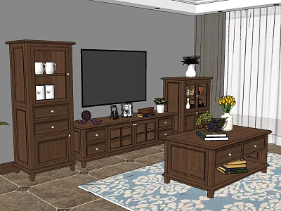 Classic Wooden TV Stand in Living Room with Matching Storage Cabinets Decorative Items and Coffee Table 3d model
