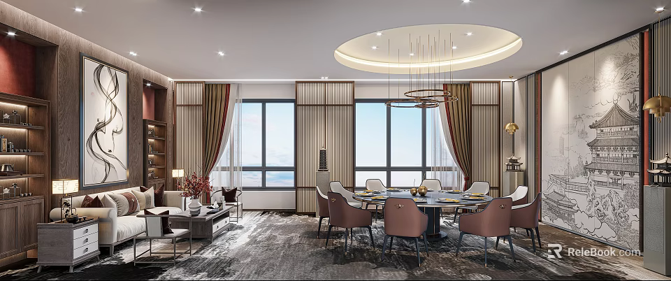 Luxurious Private Dining Box with Large Windows City View Round Table Comfortable Chairs 3d model