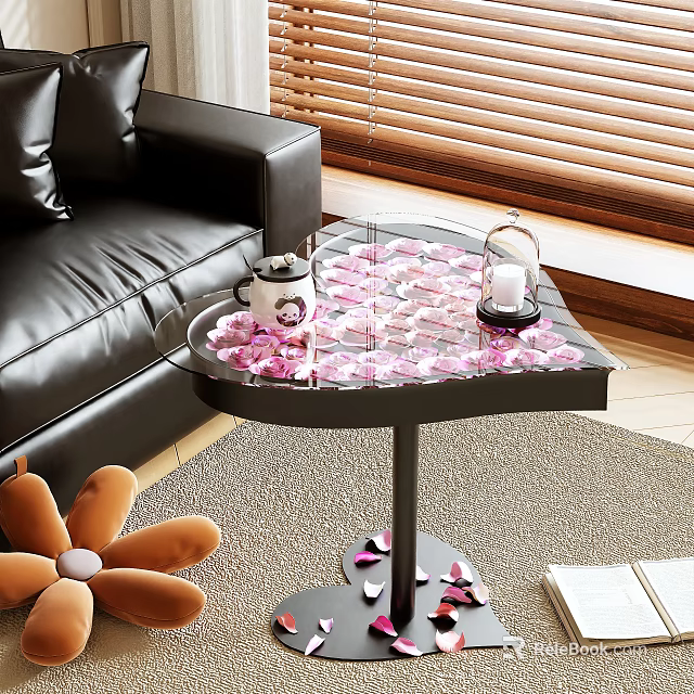Stylish Side Table with Pink Petals Mug and Candle Near Black Leather Sofa on Rug 3d model 