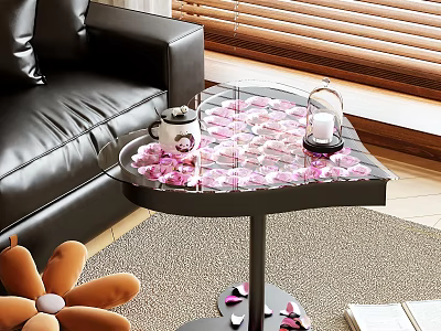 Stylish Side Table with Pink Petals Mug and Candle Near Black Leather Sofa on Rug 3d model