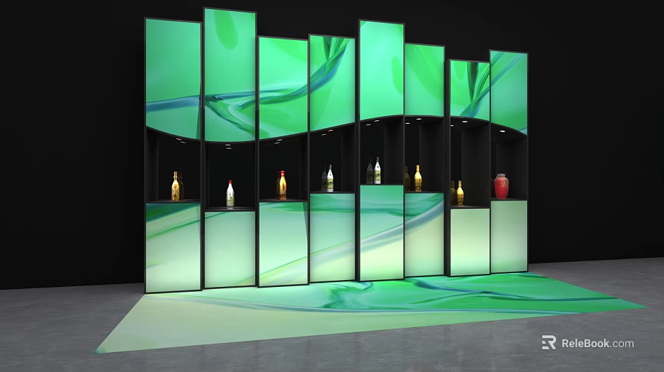 Green Display Cabinets With Wavy Patterns And Decorative Ornaments Set On Green Carpet 3d model 