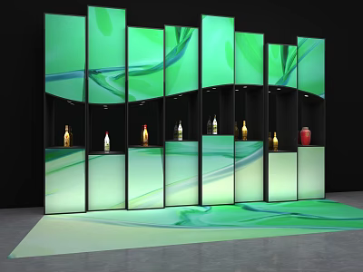 Green Display Cabinets With Wavy Patterns And Decorative Ornaments Set On Green Carpet 3d model