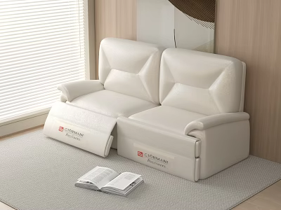 Modern White Leather Two-Seater Sofa With Window Blinds And Open Book On Rug 3d model