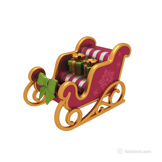 Festive Christmas Sleigh With Striped Design Green Bow Gifts Golden Frame And Snowflake Patterns 3d model 