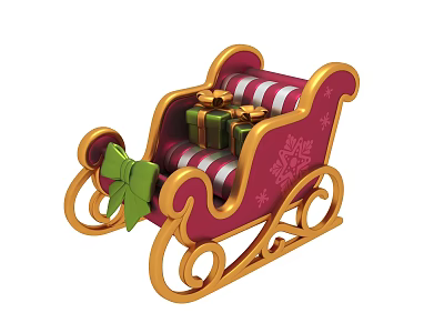 Festive Christmas Sleigh With Striped Design Green Bow Gifts Golden Frame And Snowflake Patterns 3d model