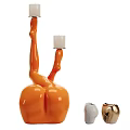 Decorative Ornament Set With Orange Human Shaped Sculpture And White Gold Candle Holders