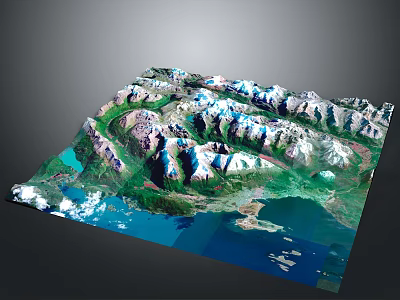 Scenic Mountain Landscape With Snow Capped Peaks Lush Green Valleys And Blue Water Areas 3d model