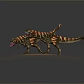 Two Colorful Dinosaurs Standing on Sandy Ground with Red Yellow Green Stripes Opening Mouths