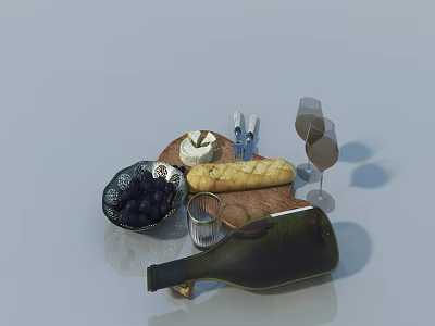 Assorted Food Platter With Grapes Cheese Baguette Wine Bottle And Glasses 3d model