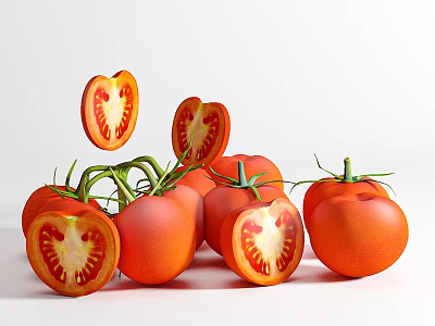 Fresh Ripe Tomatoes With Whole And Sliced Pieces Showing Juicy Inner Flesh On White Background 3d model