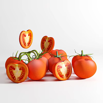 Fresh Ripe Tomatoes With Whole And Sliced Pieces Showing Juicy Inner Flesh On White Background 3d model