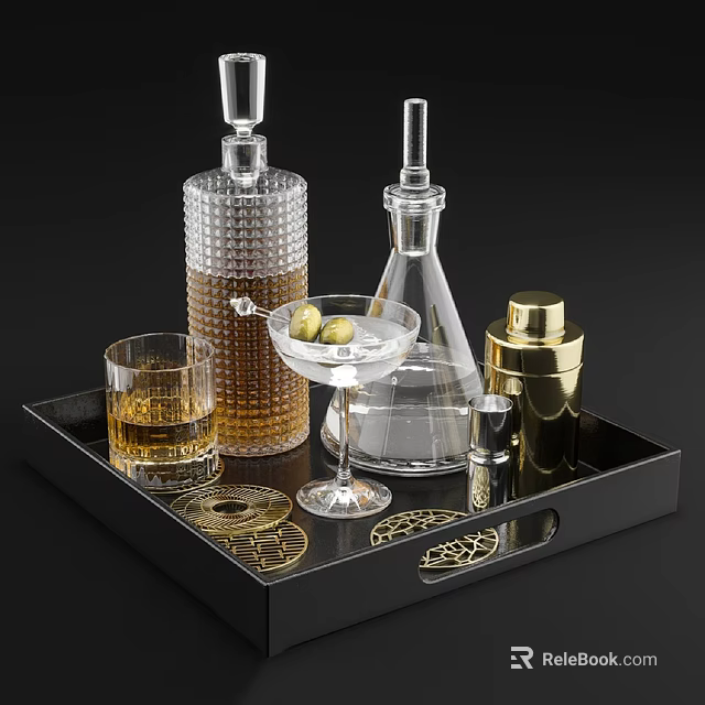 Stylish Liquor Bottles and Glasses on Decorative Black Tray with Gold Accents and Shaker 3d model 