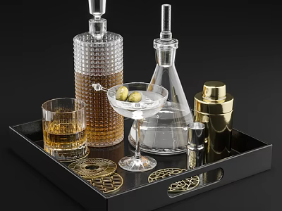 Stylish Liquor Bottles and Glasses on Decorative Black Tray with Gold Accents and Shaker 3d model