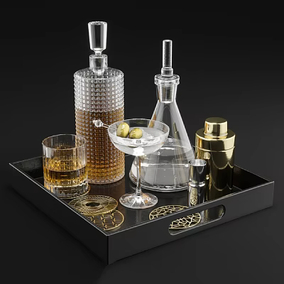 Stylish Liquor Bottles and Glasses on Decorative Black Tray with Gold Accents and Shaker 3d model