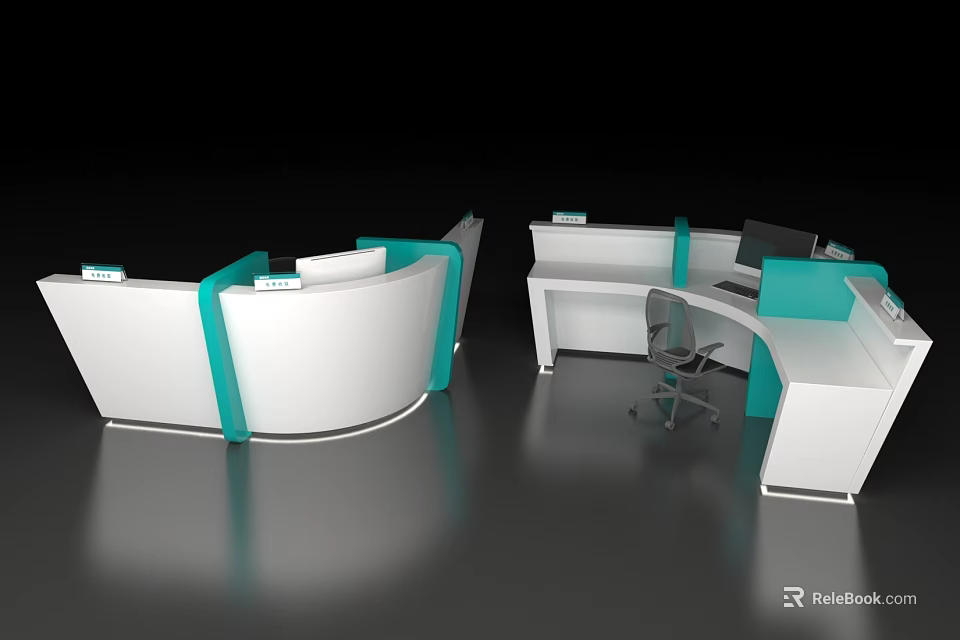 Modern Reception Desk With White Teal Color Scheme Curved Design And Office Chair Setup 3d model 