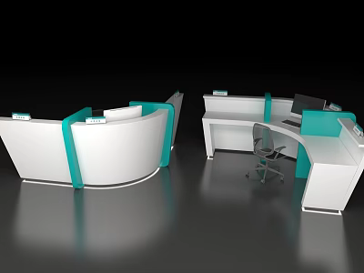 Modern Reception Desk With White Teal Color Scheme Curved Design And Office Chair Setup 3d model