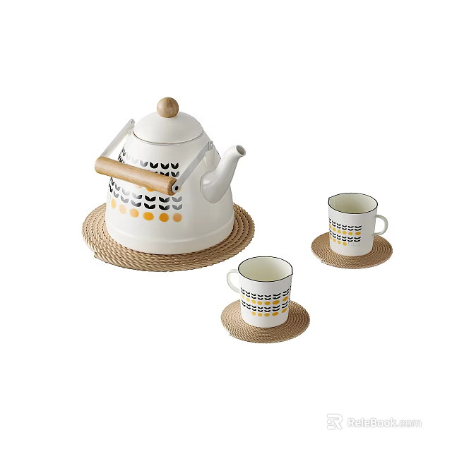 Stylish White Tea Set With Wooden Handle Black Orange Geometric Patterns And Woven Coasters 3d model 