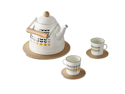 Stylish White Tea Set With Wooden Handle Black Orange Geometric Patterns And Woven Coasters 3d model