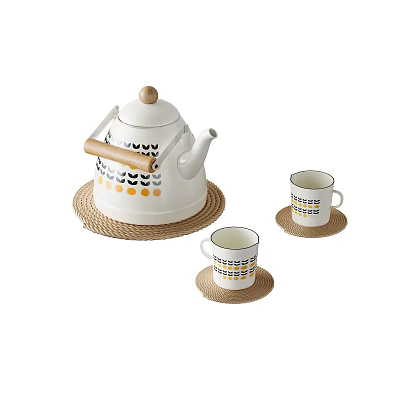 Stylish White Tea Set With Wooden Handle Black Orange Geometric Patterns And Woven Coasters 3d model