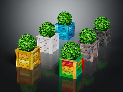 Green Spherical Topiary Plants in Colorful Wooden Boxes for Decorative 3d model
