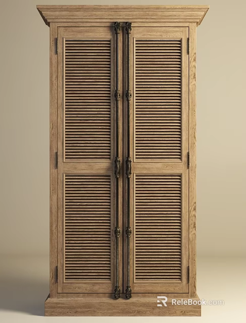 Classic Wooden Wardrobe With Louvered Doors Natural Wood Finish And Functional Home Storage Design 3d model 
