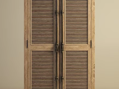 Classic Wooden Wardrobe With Louvered Doors Natural Wood Finish And Functional Home Storage Design 3d model
