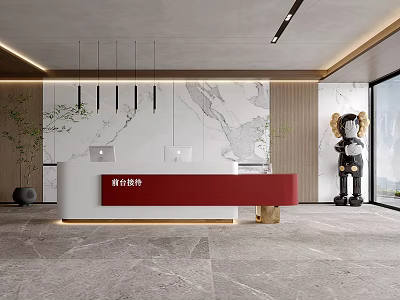 Modern Reception Area Interior With Red Desk Marble Wall Hanging Lights Green Plants And Sculpture 3d model