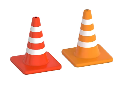 Two Traffic Cones Red And Orange With White Stripes And Square Bases 3d model