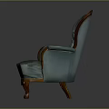 Classic Interior Armchair With Tufted Blue Fabric And Wooden Carved Armrests