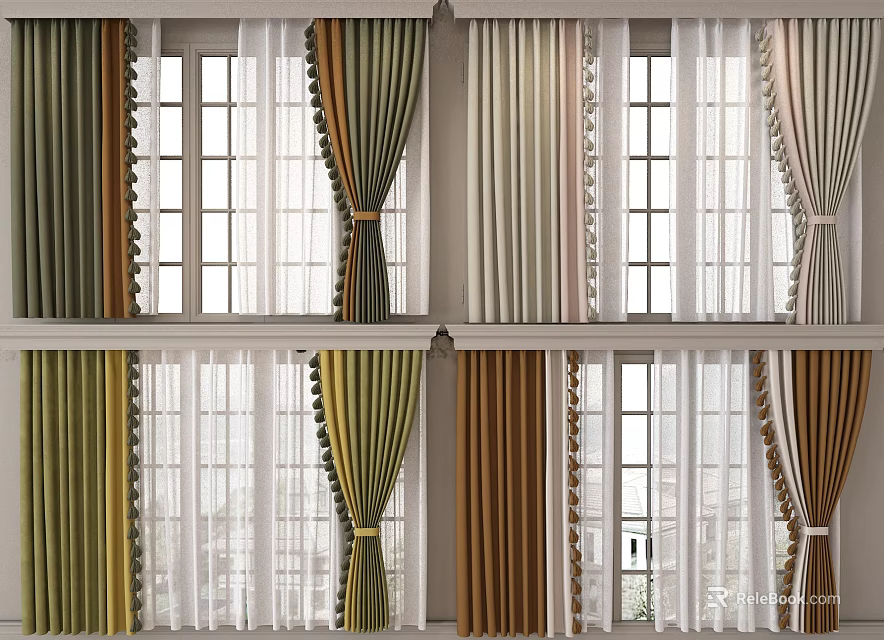 Elegant Curtains In Green Beige Brown With Sheer Panels For Window Settings 3d model 