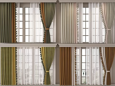 Elegant Curtains In Green Beige Brown With Sheer Panels For Window Settings 3d model
