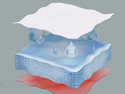 Multi layered Absorbent Material Structure With Water Droplets and Functional Layers 3d model