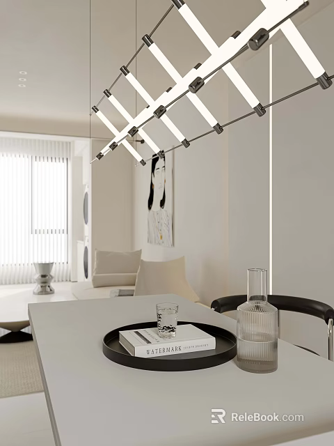 Modern Dining Living Room Interior Design with Minimalist Sofa Dining Table Pendant Lighting and Decorative Art 3d model 