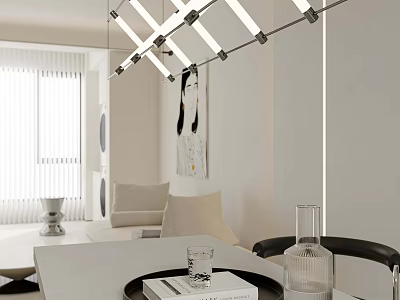 Modern Dining Living Room Interior Design with Minimalist Sofa Dining Table Pendant Lighting and Decorative Art 3d model