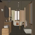 Modern Bathroom Interior Design With Wooden Cabinets Bathtub Large Window And Red Towel