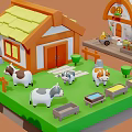 Cartoon Farm Scenes With Windmill Cottages Animals Tractor Barn Pond And Plants